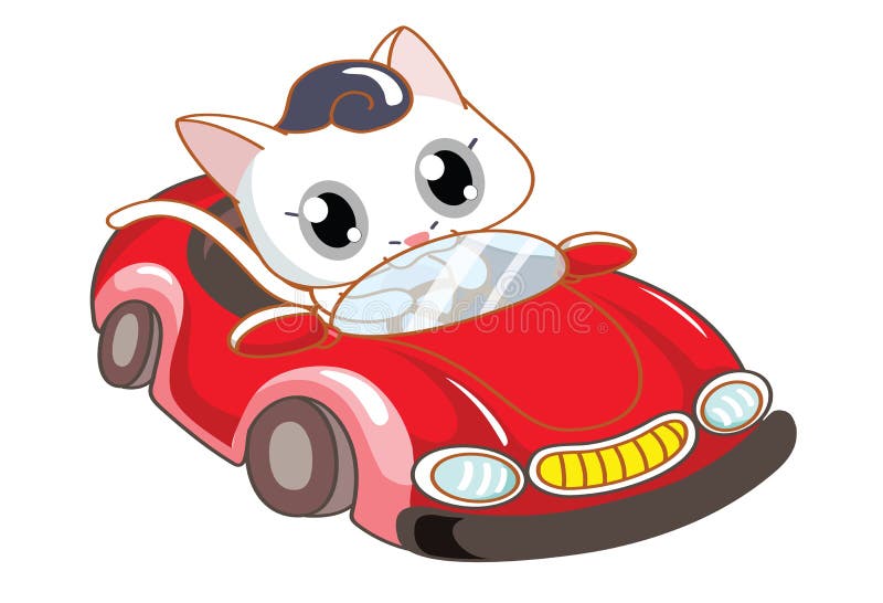 Cartoon Cat Riding a Red Car Stock Illustration Illustration of