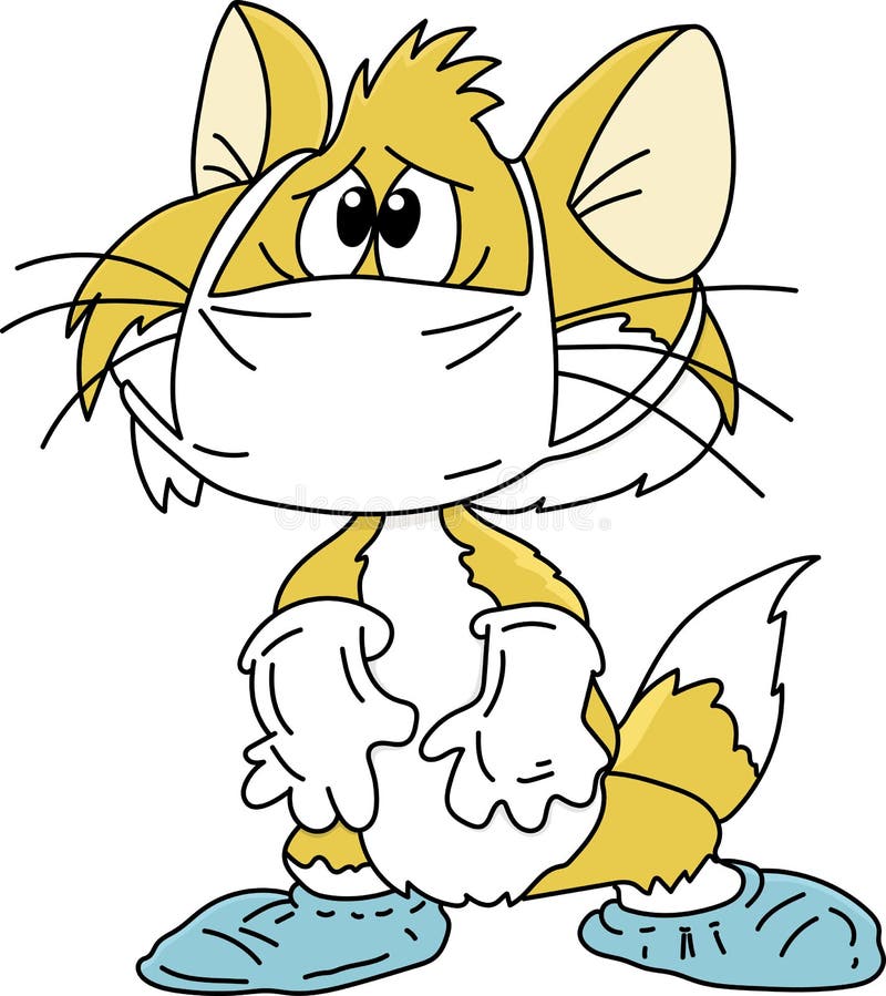 Cartoon cat vestindo uma máscara de proteção contra a ilustração vetorial do vírus corona