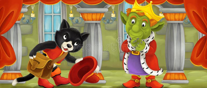 Cartoon Cat Visiting Troll King in His Castle Stock Illustration -  Illustration of colorful, joyful: 74673471