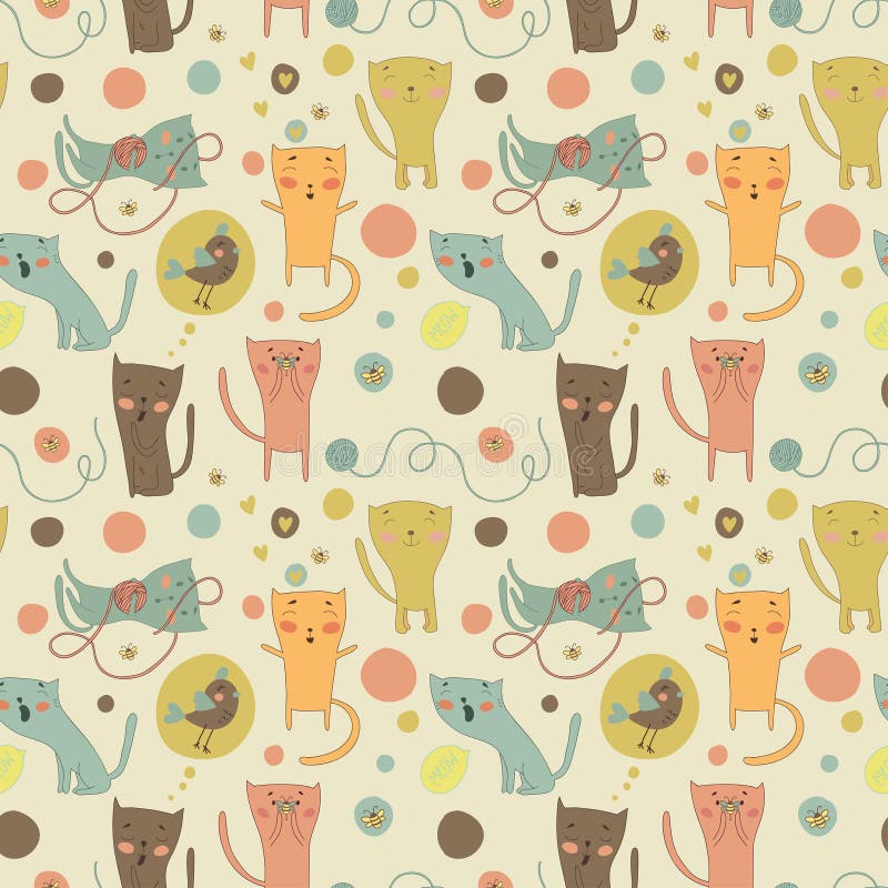 Cartoon cats, bird and toys on a bright background