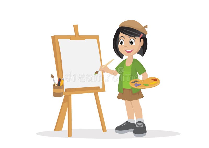 Cartoon Character, Artist Girl Painting on Canvas., Stock Vector ...