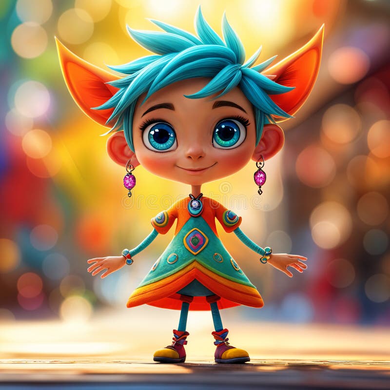 Cartoon Character with Blue Hair and Orange Dress Stock Illustration