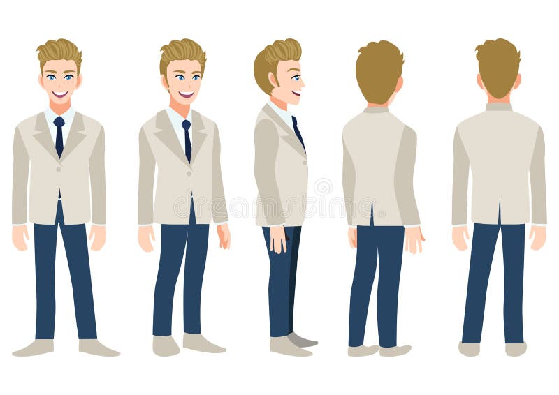 Cartoon Character with Business Man in a Gray Suit for Animation. Front,  Side, Back, 3-4 View Animated Character Stock Vector - Illustration of  character, person: 183744798