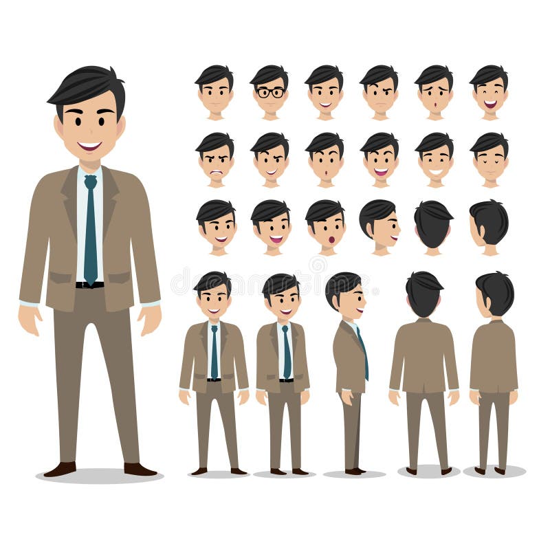 Cartoon character with business man in suit for animation. Man head set, front, side, back, 3-4 view character.