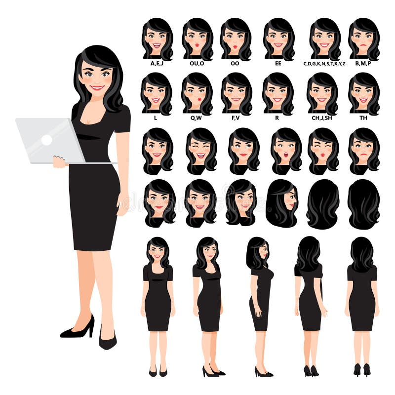 Cartoon character with business woman in black dress for animation.