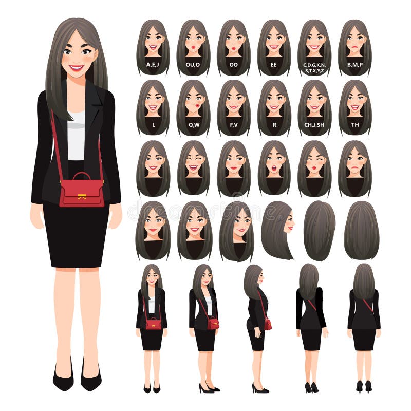 Cartoon character with business woman in black suit and shoulder bag for animation.