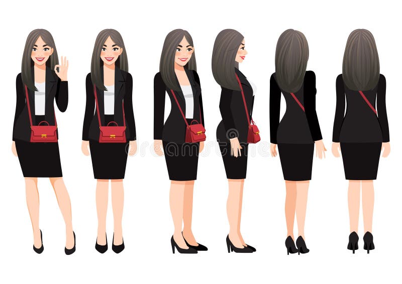 Cartoon character with business woman in black suit and shoulder bag for animation.