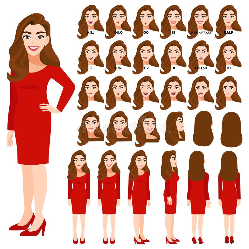Cartoon character with business woman in red dress for animation. Front, side, back, 3-4 view character. Separate parts of body.