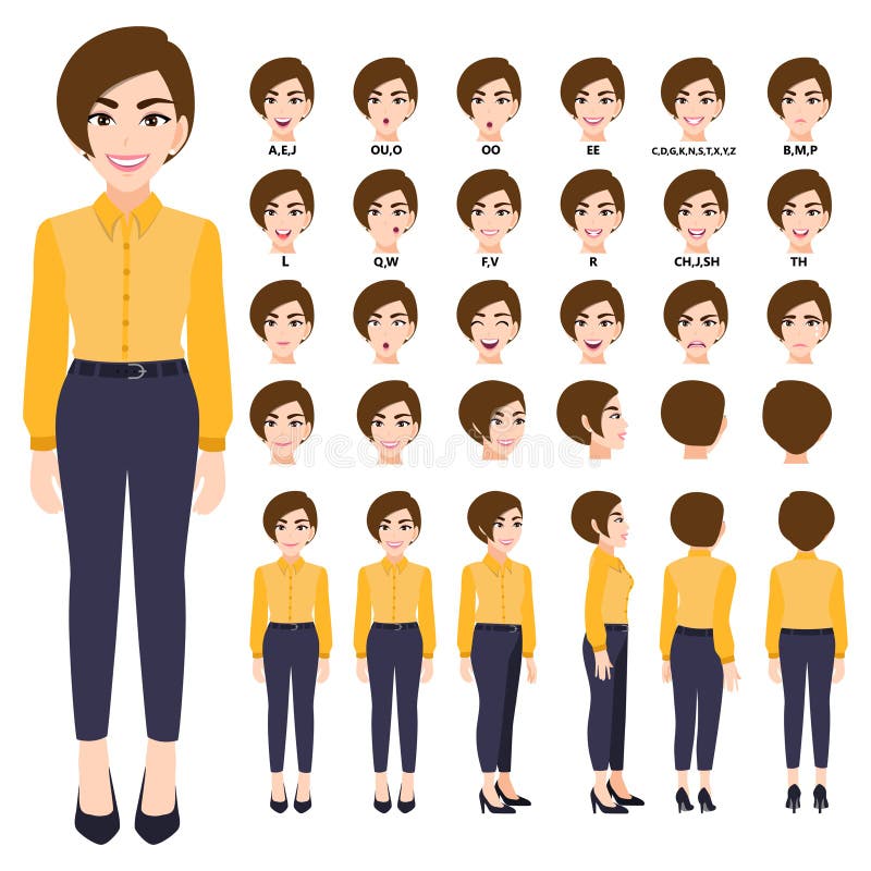 Cartoon character with business woman in smart shirt for animation. Front, side, back, 3-4 view character. Separate parts of body