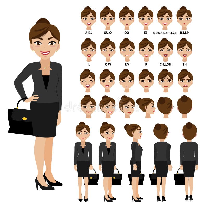 Cartoon character with business woman in suit for animation. Flat