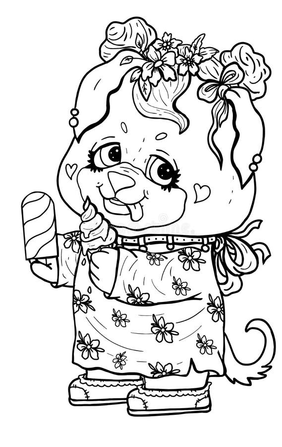 Cartoon Character Cute Puppy Little Rottweiler in Flower Dress with Big ...