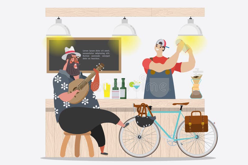 Character Design. Fat Guy Mood Singing and Ukulele at Bar Front in the Season Stock Vector - Illustration of drink, cafe: 99475992