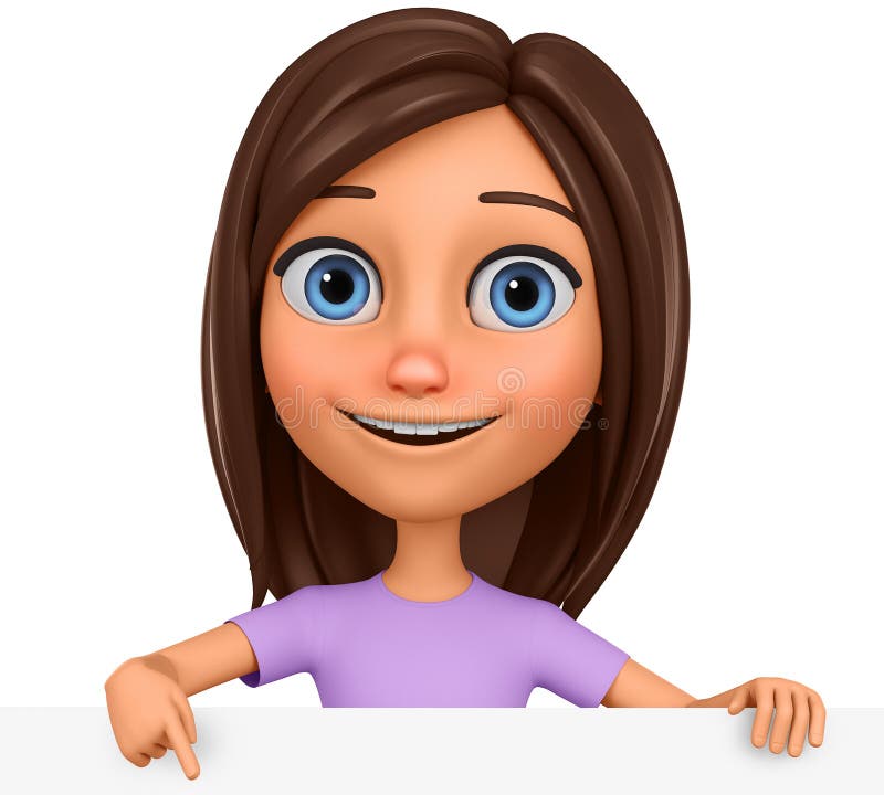 Cartoon character girl points to a blank board on a white background. 3d rendering. Illustration for advertising stock illustration Cartoon character girl points to a blank board on a white background. 3d rendering. Illustration for advertising stock illustration
