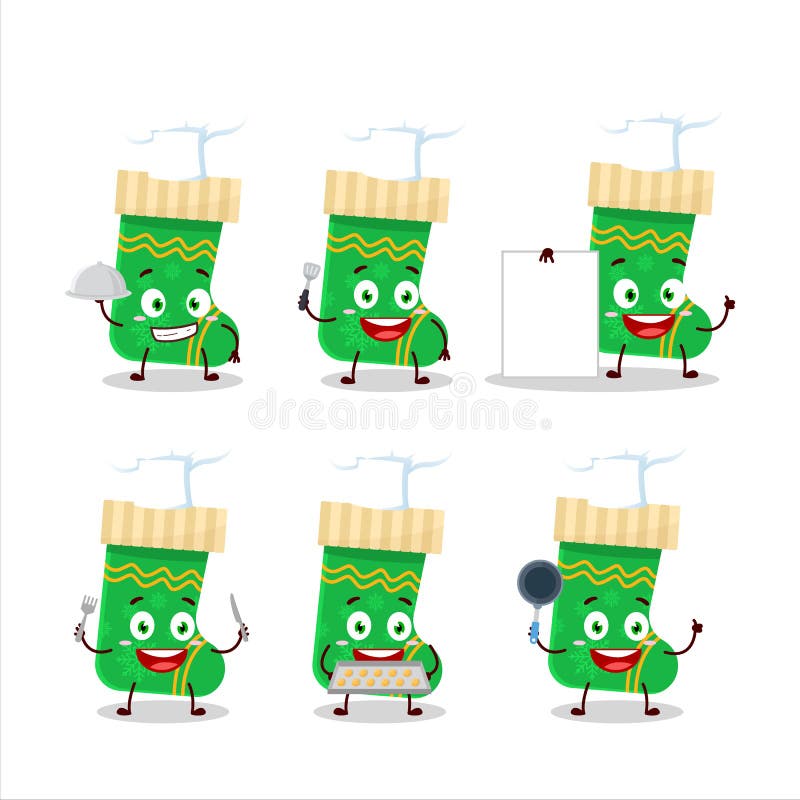 Cartoon Character of Green Christmas Socks with Various Chef Emoticons