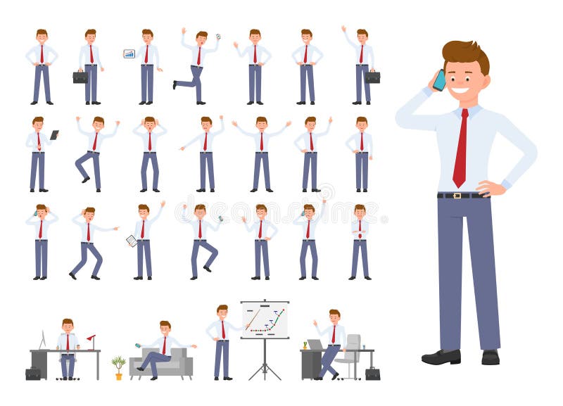 Cartoon character of office man different poses, emotions design set. Happy, sad, surprised, angry young male in business clothes standing, sitting on white background - Vector