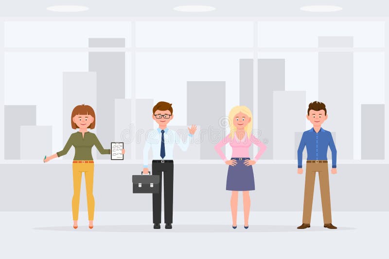 Cartoon character people standing front view in business office interior vector. Men, women waving, writing notes, smiling vector illustration Cartoon character people standing front view in business office interior vector. Men, women waving, writing notes, smiling vector illustration