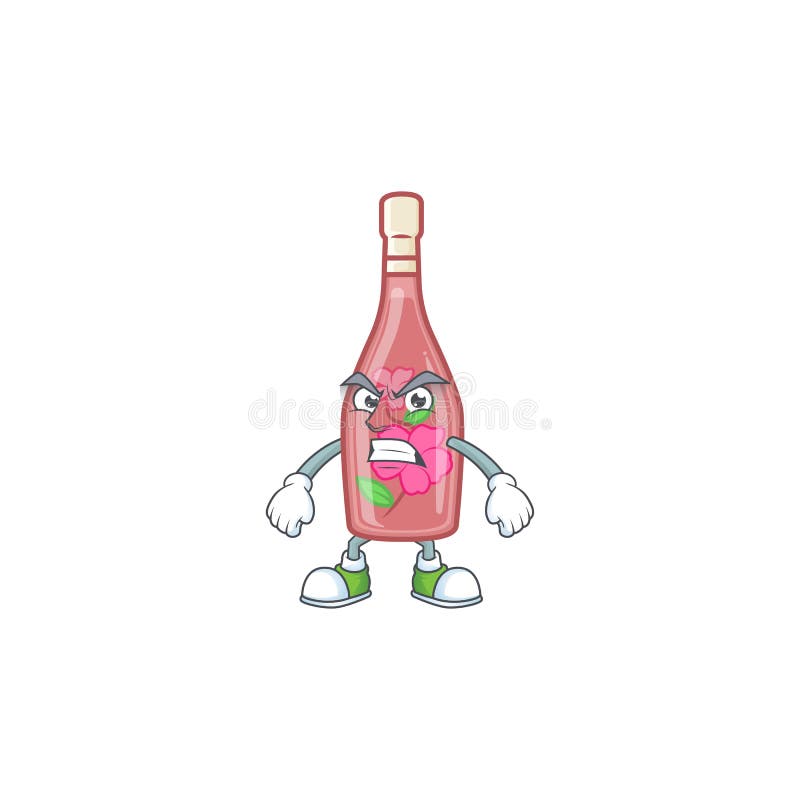 Cartoon character of pink bottle wine with angry face stock illustration
