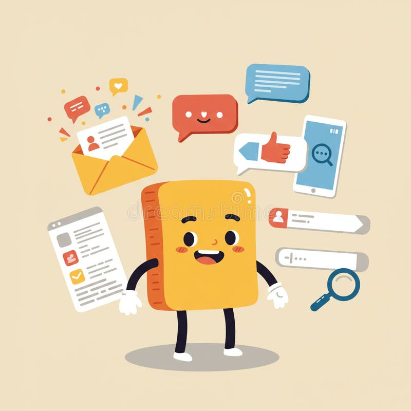 A cartoon character resembling a smiling yellow block stands surrounded by royalty free illustration