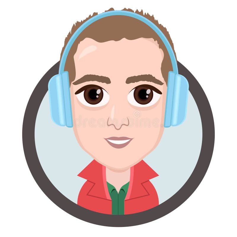 Cartoon character, vector drawing portrait boy in headphones listening to music, man smile emotion, icon, sticker. Guy big brown e