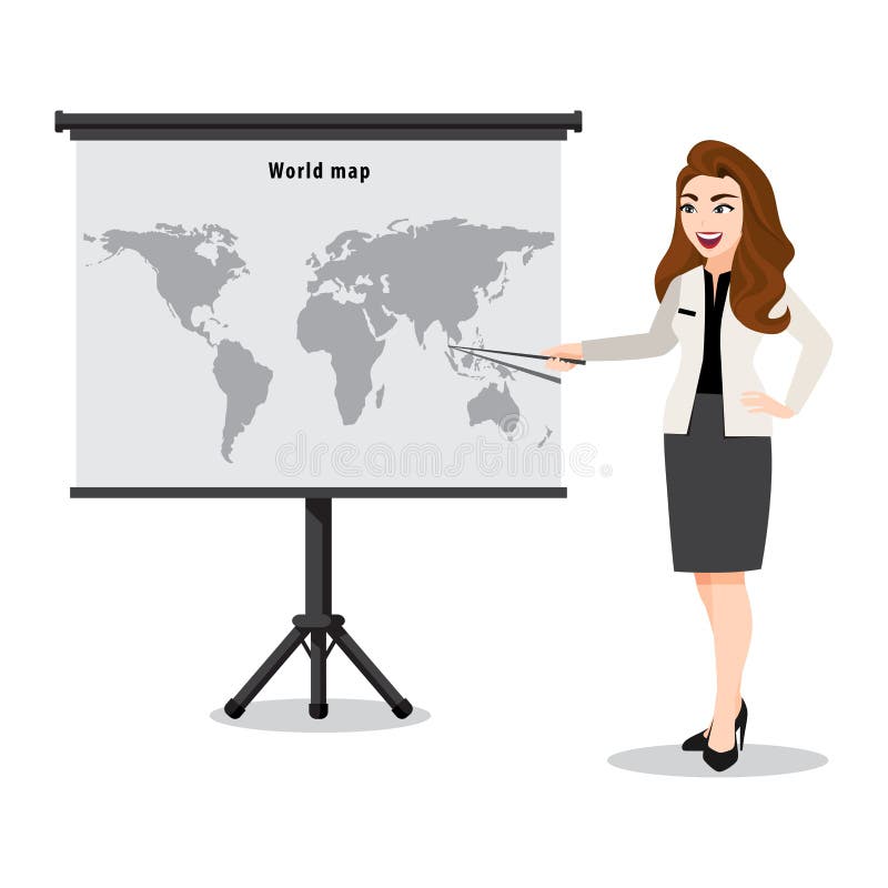 Cartoon Character with a Woman Presentation on Map. Teacher or Instructor  Showing the Map with Pointer Vector Stock Vector - Illustration of  executive, character: 183745816