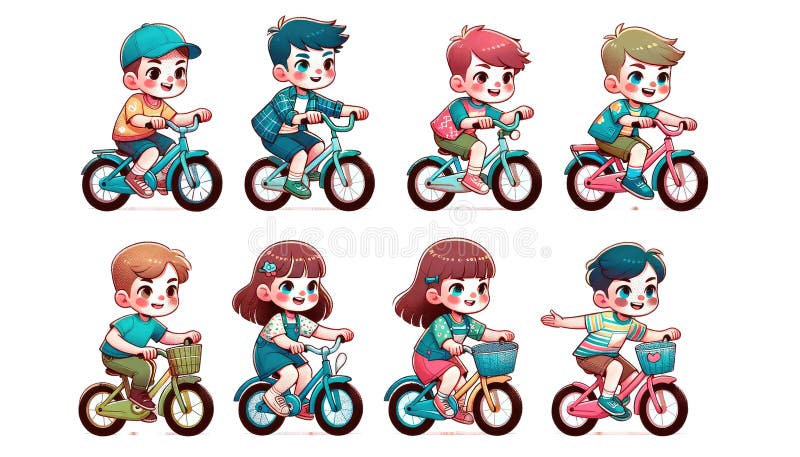 cartoon characters of cute boys and girls riding a bicycle on transparent background