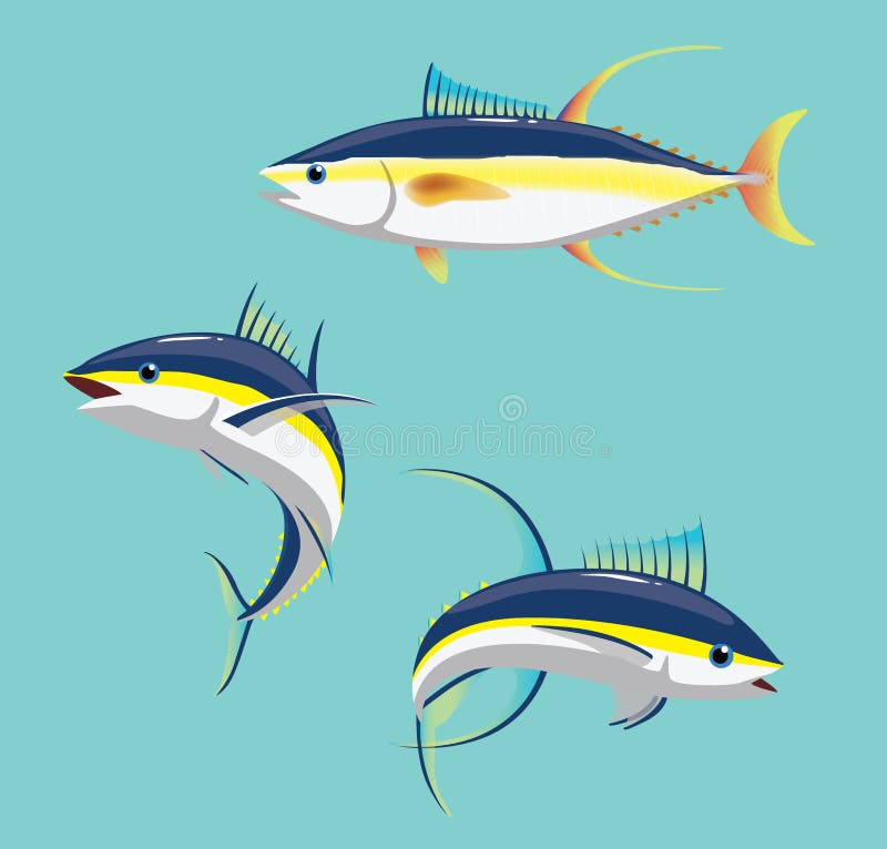 Yellowfin Tuna Various Poses Cartoon Vector Stock Vector Illustration