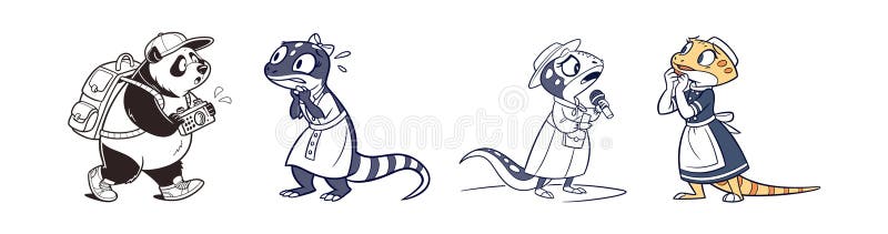 Cartoon Characters Featuring Animals, Poses, and Outfits stock illustration