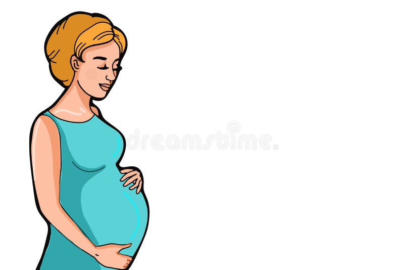 Cartoon-Charaktere Cartoon Schwangerschaft Frau halben Körper und rosa Herz Baby-Mädchen oder Junge Grußkarte stock abbildung