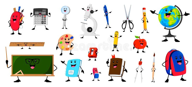 Cartoon cheerful school stationery characters set stock illustration