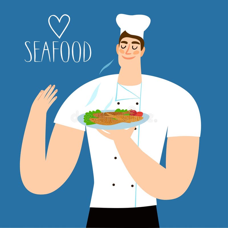 Cartoon chief holding plate with fried fish. royalty free illustration Cartoon chief holding plate with fried fish. royalty free illustration