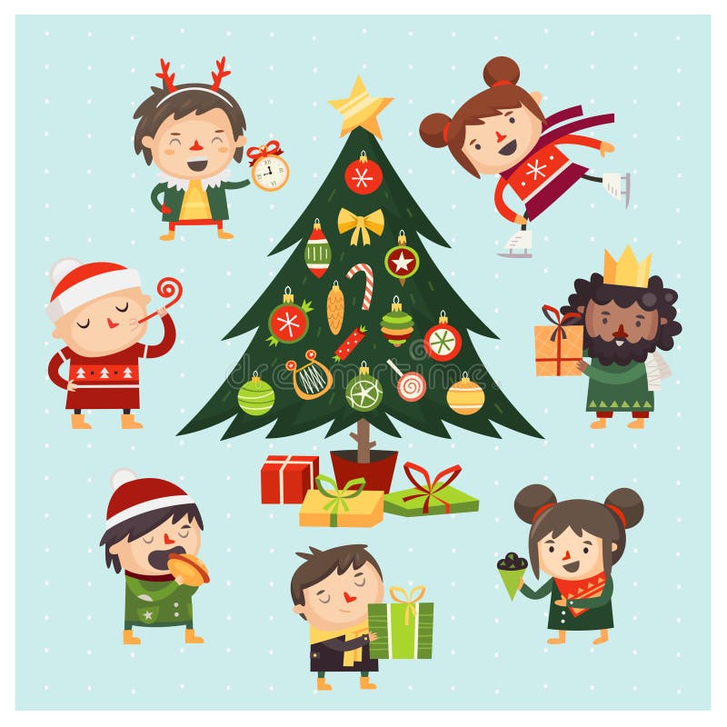 Cartoon children and adults gathered around Christmas tree decorated with various toys and gifts.