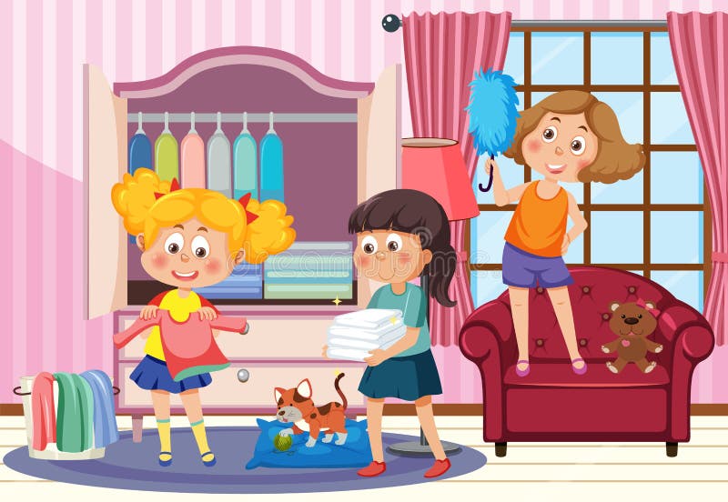 Cartoon Children Cleaning the House Stock Vector - Illustration of cute ...