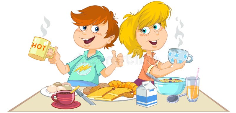 Cartoon Children Eating A Breakfast. Stock Vector - Illustration ...