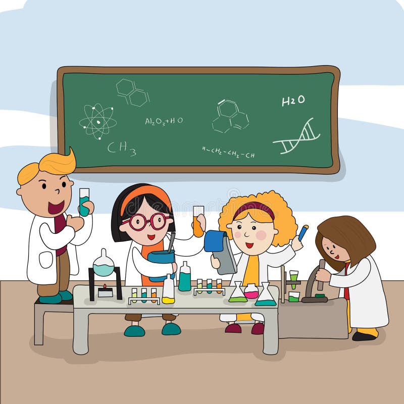 Cartoon Children are Studying and Working in the Laboratory, Create by