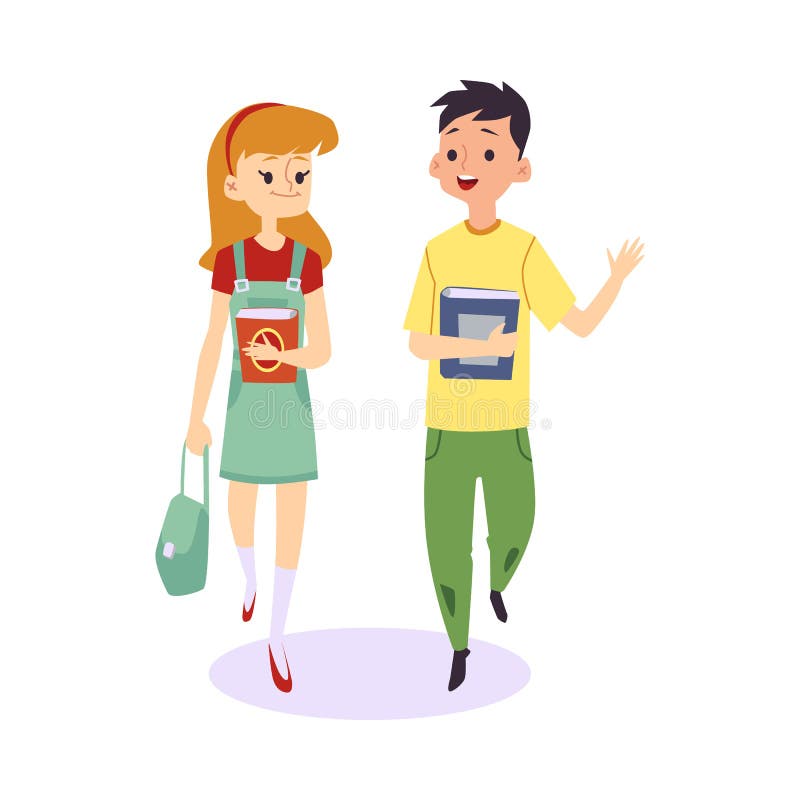 Cartoon Children Walking And Talking Together Cute Girl And Boy Holding Books Stock Vector Illustration Of Cute Cartoon