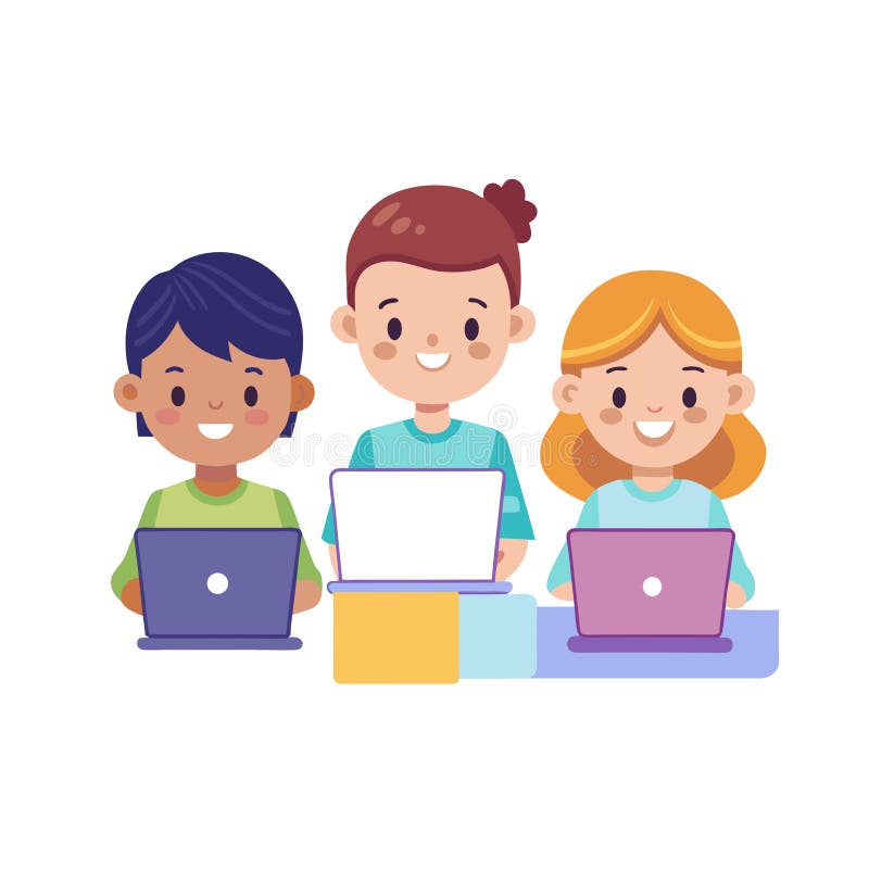 Cartoon Children Working on Laptops: Education, Technology, and Future Skills vector illustration