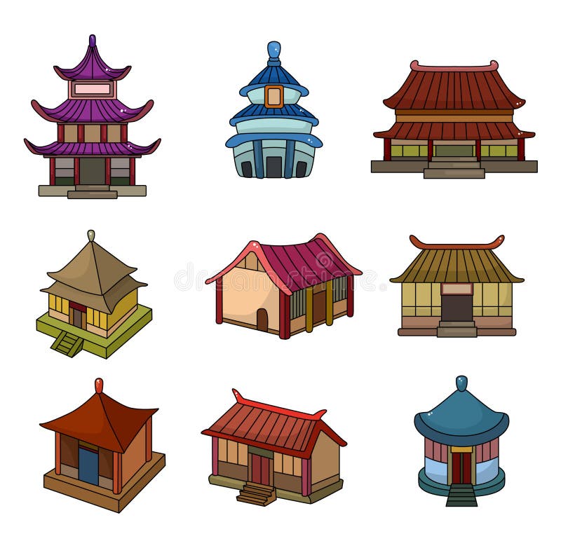 Cartoon Chinese House Icon Set Stock Vector - Illustration of icon