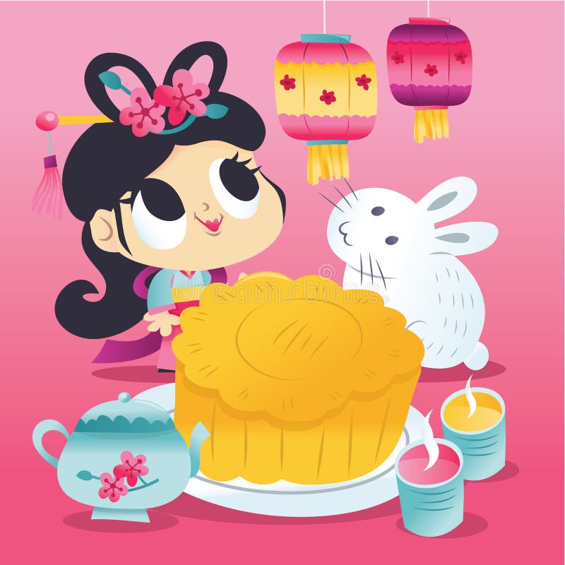 Cartoon Chinese Mid Autumn Festival Goddess Mooncake Tea Party vector illustration