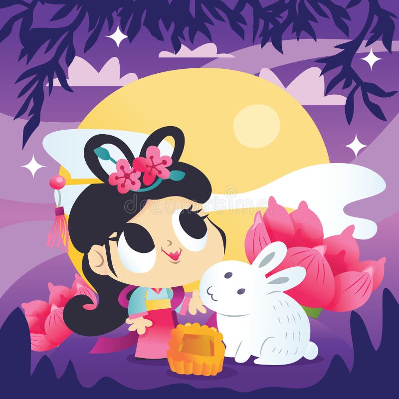 Cartoon Chinese Mid Autumn Festival Goddess Rabbit Moon Scene royalty free illustration