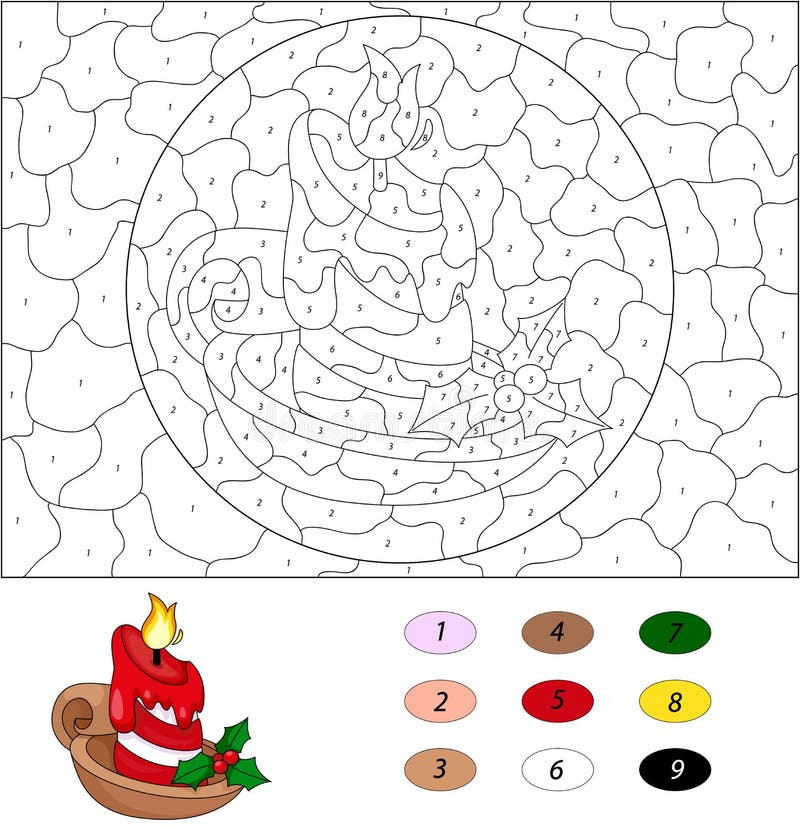 Cartoon christmas candle. Color by number educational game for k