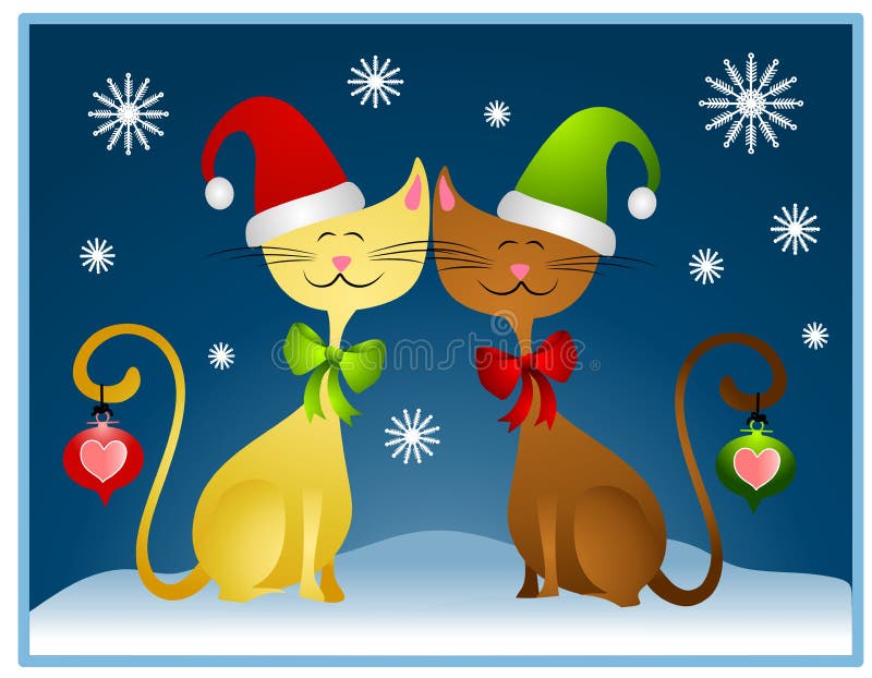 Un clip art, illustrazione, caratterizzato da un paio di cartone animato alla ricerca non-genere specifiche gatti vestito per Natale con i cappelli e gli archi e il cuore ornamenti appesi loro cute little code set nella neve con fiocchi di neve.