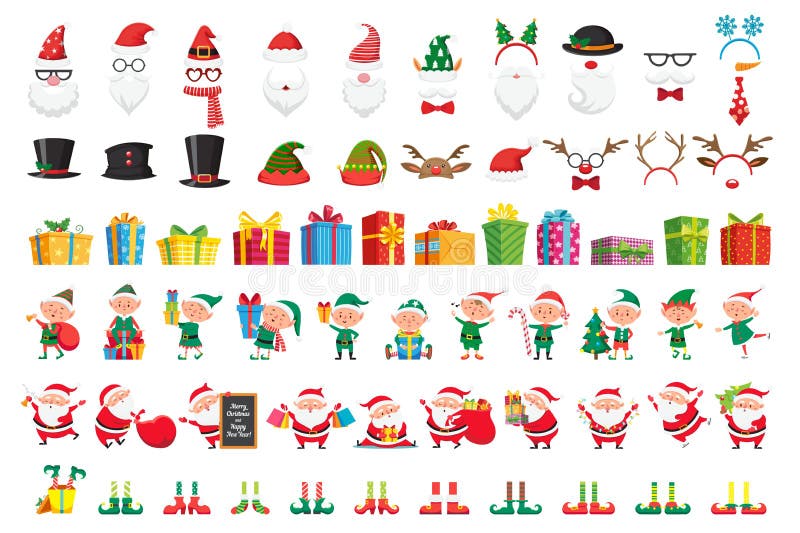 Cartoon Christmas collection. Xmas hats and New Year gifts. Santa Claus and elves helpers characters vector set royalty free illustration Cartoon Christmas collection. Xmas hats and New Year gifts. Santa Claus and elves helpers characters vector set royalty free illustration