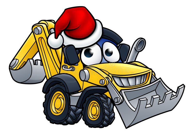 Bulldozer digger construction vehicle cartoon character mascot wearing a Christmas Santa hat. Bulldozer digger construction vehicle cartoon character mascot wearing a Christmas Santa hat