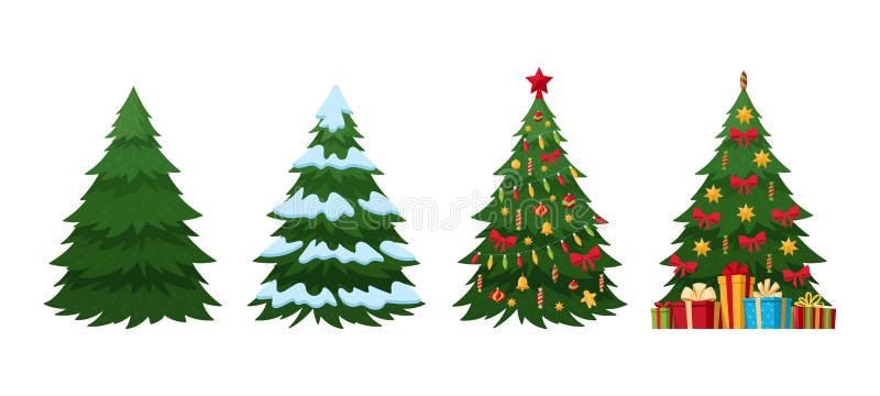 Cartoon Christmas fir trees, decorated and covered with snow green xmas trees. Winter holiday symbol vector illustrations set.