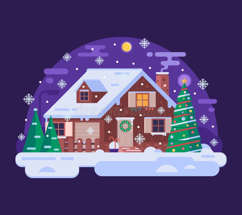 Cartoon Christmas House by Snowy Winter Night stock illustration Cartoon Christmas House by Snowy Winter Night stock illustration