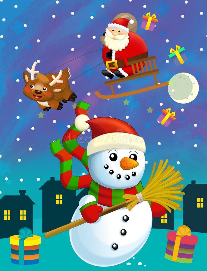 Cartoon christmas-scenen med samma karaktär på vinternatten vektor illustrationer Cartoon christmas-scenen med samma karaktär på vinternatten vektor illustrationer