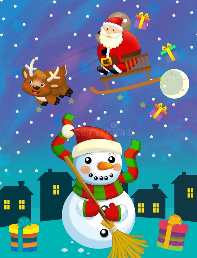 Cartoon christmas-scenen med samma karaktär på vinternatten stock illustrationer Cartoon christmas-scenen med samma karaktär på vinternatten stock illustrationer