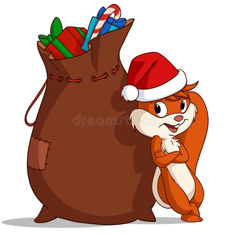 Cartoon christmas squirrel with bag of gift