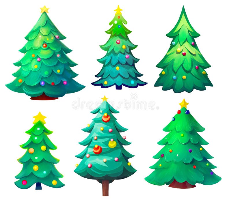 Cartoon Christmas Trees Isolated on White Background. Collection of