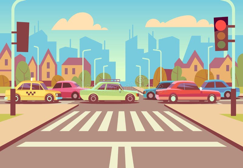 Cartoon City Crossroads with Cars in Traffic Jam, Sidewalk, Crosswalk and Urban Landscape Vector Illustration Stock Vector - Illustration of cityscape, asphalt: 116625940 Cartoon City Crossroads with Cars in Traffic Jam, Sidewalk, Crosswalk and Urban Landscape Vector Illustration Stock Vector - Illustration of cityscape, asphalt: 116625940